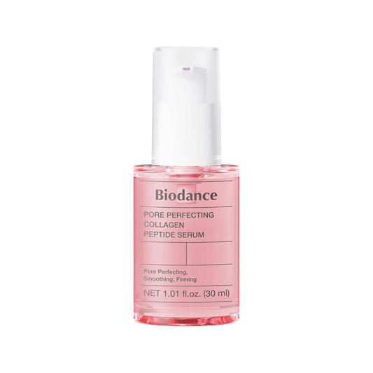 BIODANCE pore perfecting collagen peptide serum bottle with pump, containing pink serum