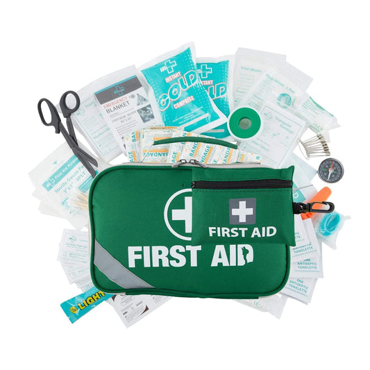 Green first aid kit pouch with zip and white cross emblem