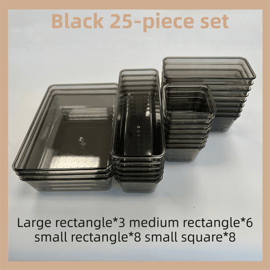 Black transparent stackable organizer set with 25 nested trays in multiple sizes