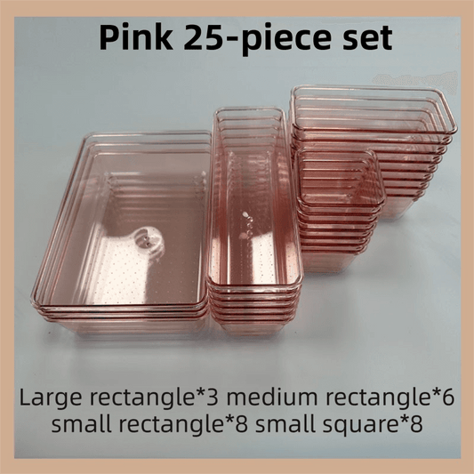 Pink transparent stackable drawer organizers set with 25 clear containers, 4 sizes