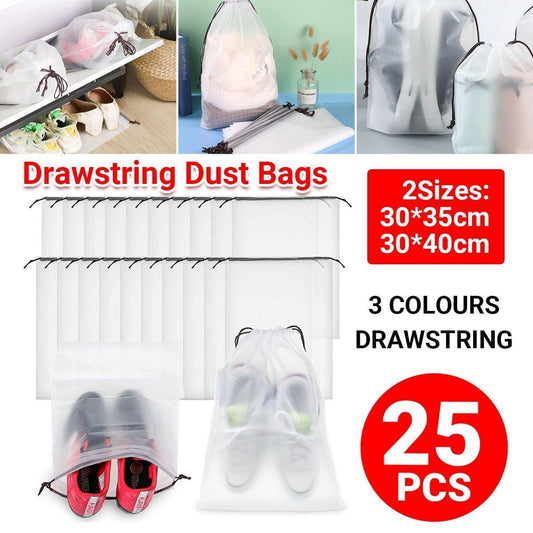 Translucent shoe dust bags set, white pouches with black drawstring; one bag holds shoes