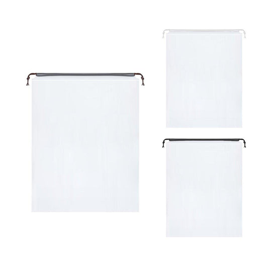 Pair of translucent shoe dust bags with drawstring closure and carry rope
