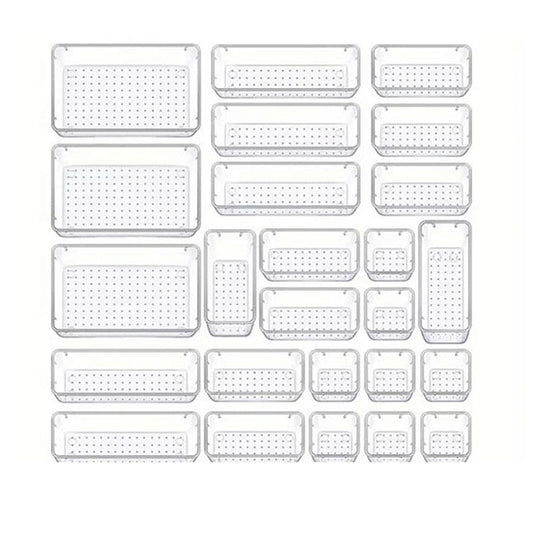 Transparent stackable organizer bins set, 4 sizes with perforated sides