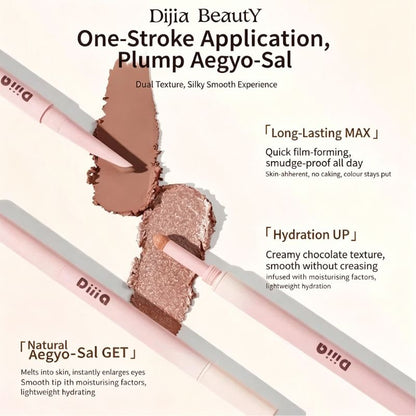 Dual-ended aegyo-sal pencil with pink barrels and brown-beige swatch