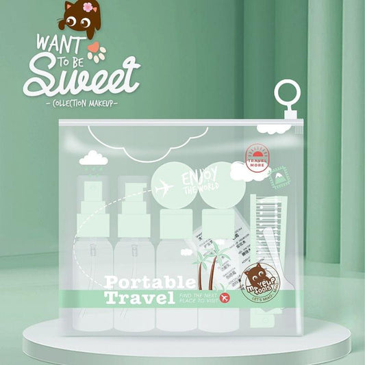 Refillable travel bottles set in clear zip pouch with 9 containers and mint flip caps