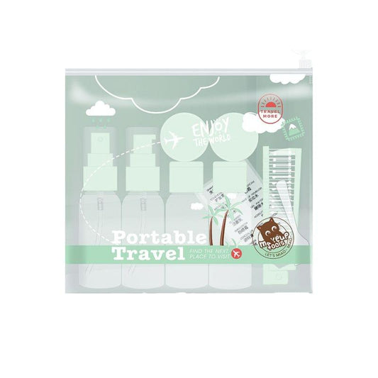 Refillable travel bottles set in clear zip pouch with 9 small containers, mint caps