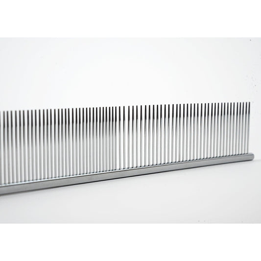 Hair scissoring comb close-up of dense teeth, metal-gray frame and edge