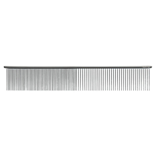 Hair scissoring comb with fine vertical teeth, metal-gray, straight handle