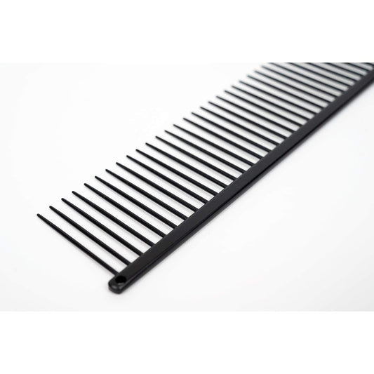 Black anti-static hair comb angled view, fine teeth on a straight base