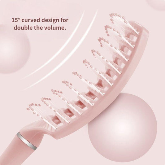 Light pink curved hair brush with spaced pins for detangling and volume