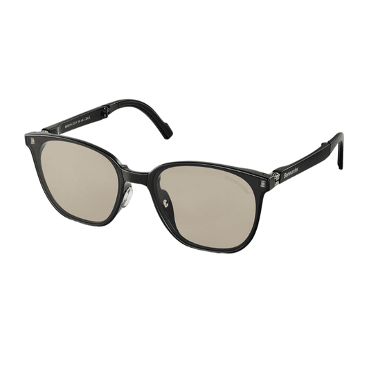 Black frame sunglasses with beige-tinted lenses and curved temples