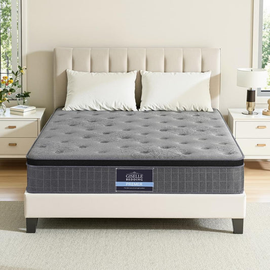 Double latex foam mattress with grey quilted top and dark fabric sides