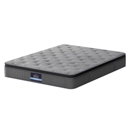 Double mattress with grey quilted top, dark side panels, stitched edge