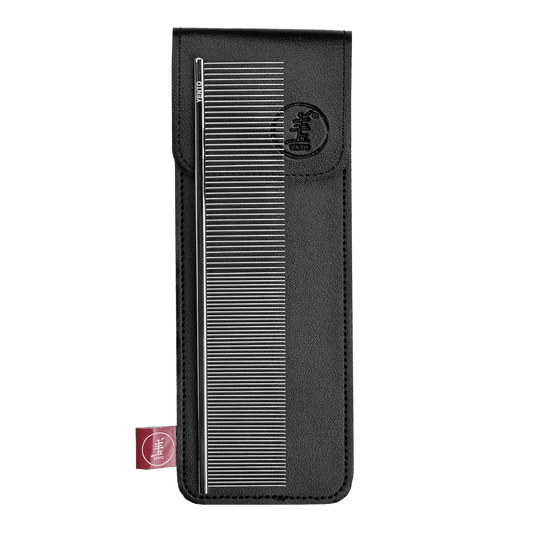 Twin-pin hair comb with metal teeth and black leather-style protective case