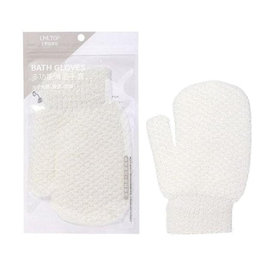 Pair of white bath shower exfoliating gloves, textured mitten style