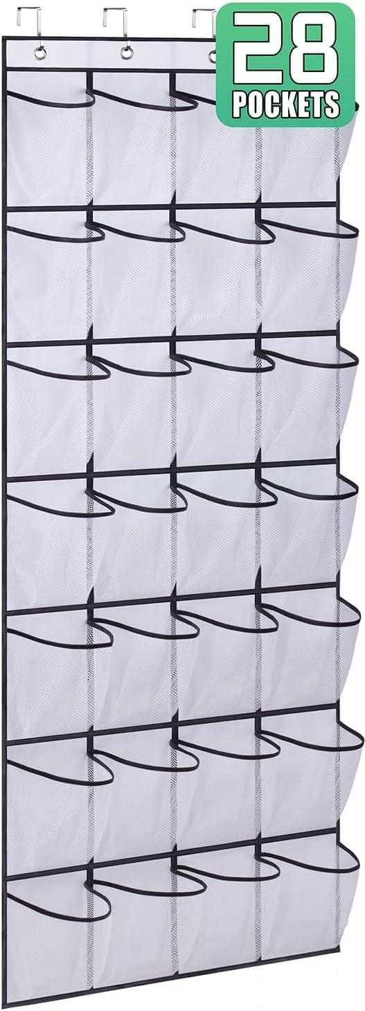 Hanging shoe rack organizer with 28 mesh pockets, black hooks on white fabric