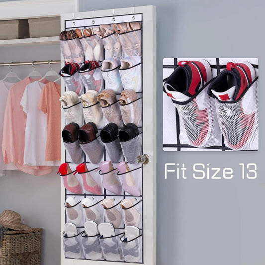 Door-hanging shoe organizer with mesh pockets and several shoe pairs on display