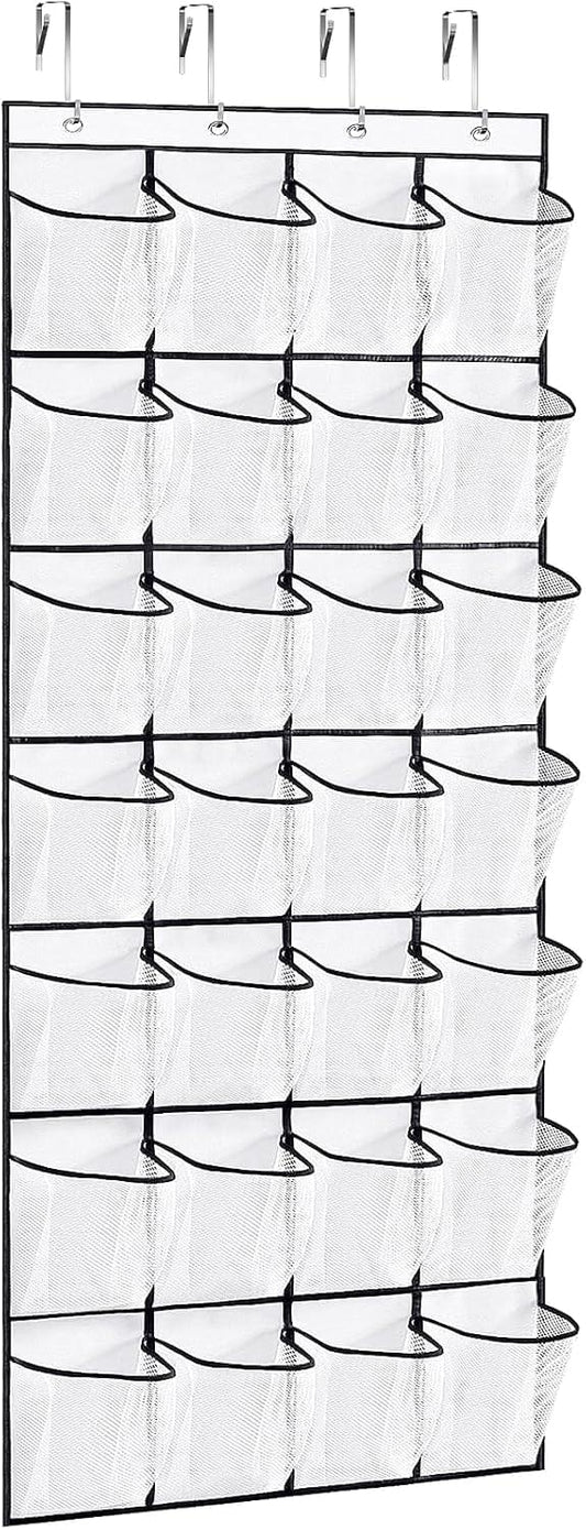 Over-the-door shoe organizer with 28 clear pockets and black-edged hanging loops