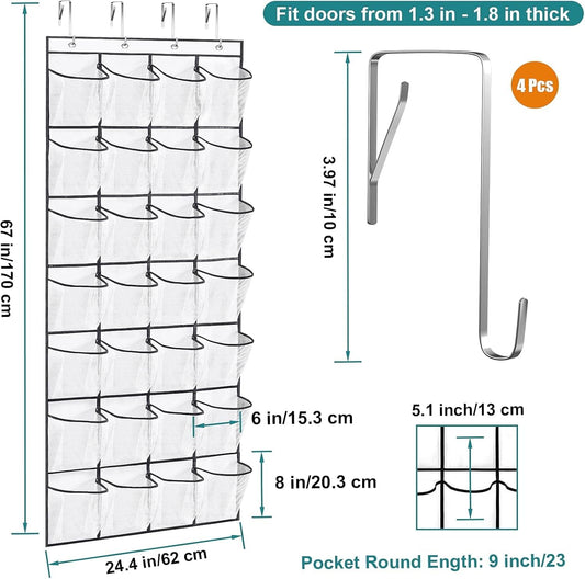 Over-the-door shoe organizer with clear pockets and four U-shaped metal hooks