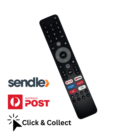 Black TV remote control with number pad, OK button, and colored function keys