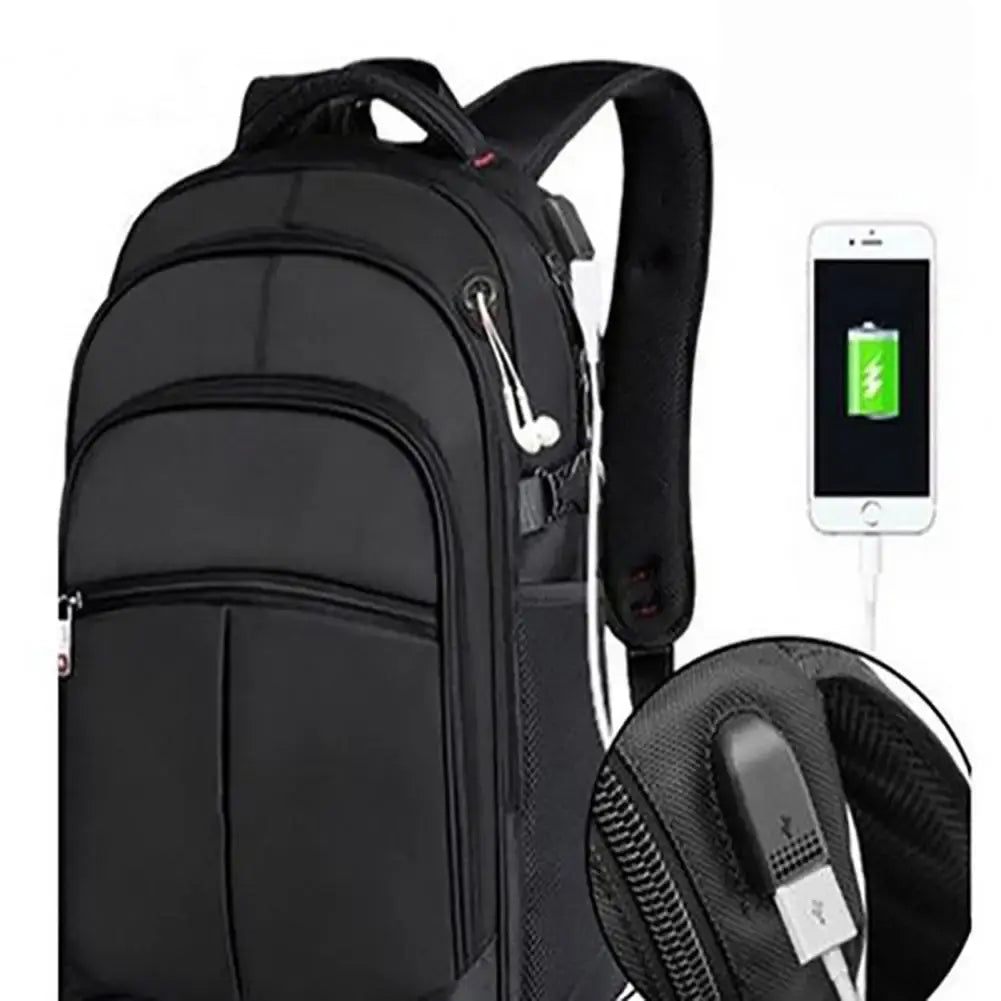 Black backpack with external charging module and USB cable charging a phone