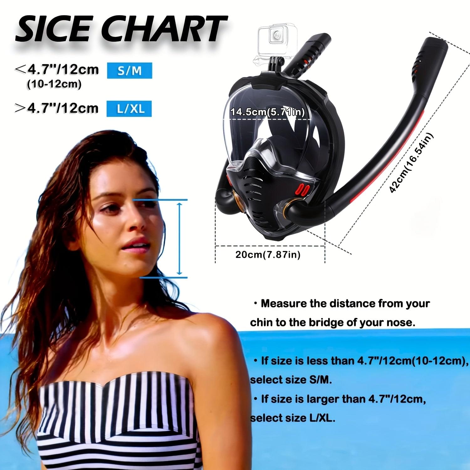 Full-face snorkel mask with clear face visor and curved black snorkel