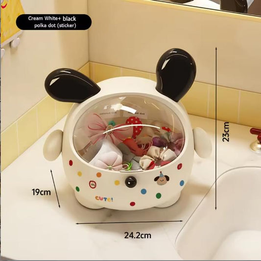 Cream mini dog desktop bin with lid, black ear caps, polka dot sticker details