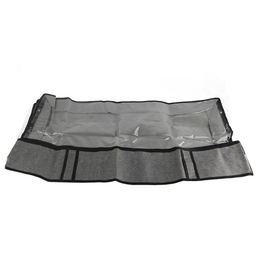 Clothes storage bag with clear window panel and black side straps, flat view