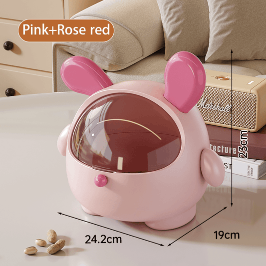 Pink dog-shaped desktop bin with clear lid and rounded ear handles