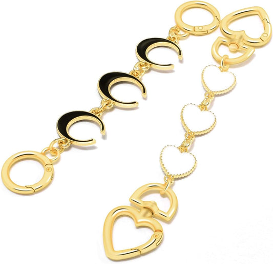 Gold and black purse chain extender with heart and C-hook links