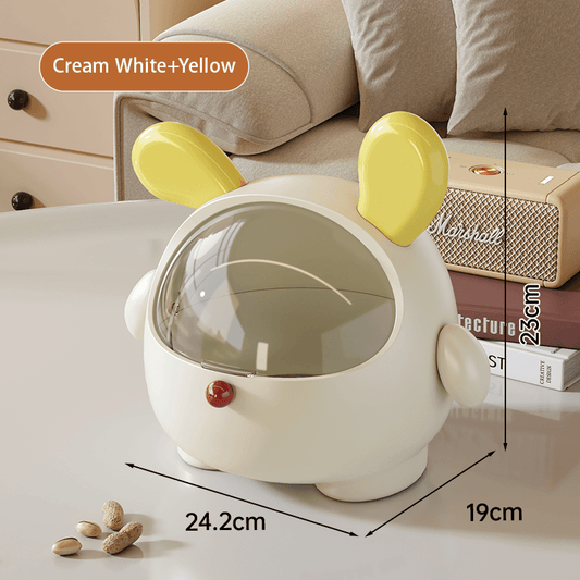 Cream puppy mini trash can with open lid, yellow ears, compact desktop size