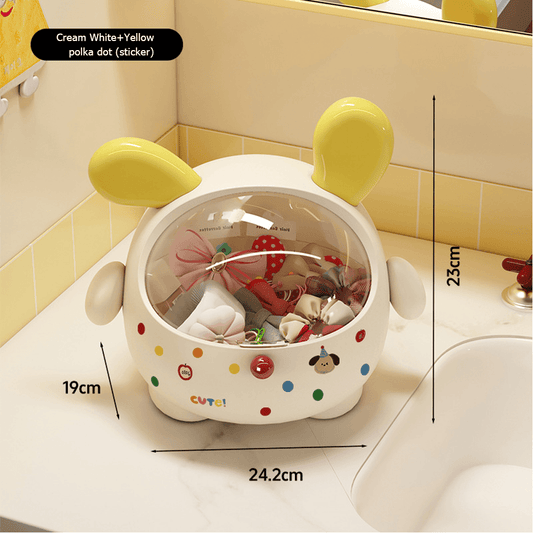 Cute puppy desktop trash can with yellow ears, open clear lid, cream body with dots