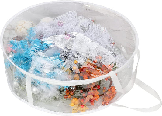 Clear round wreath storage bag with drawstring strap, filled with wreath