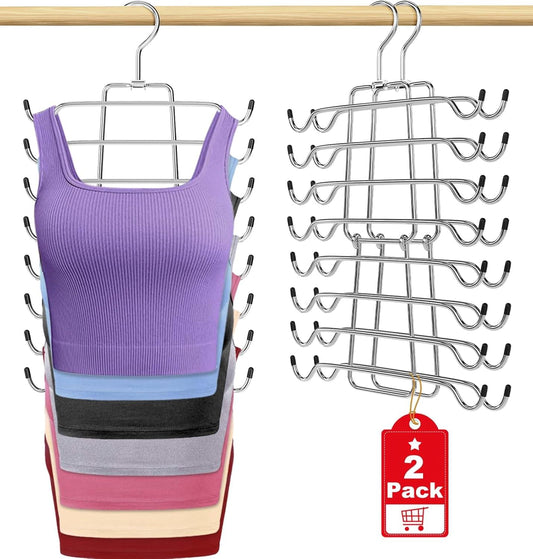 Silver metal tank top hangers set with multiple hooks holding colorful camisoles
