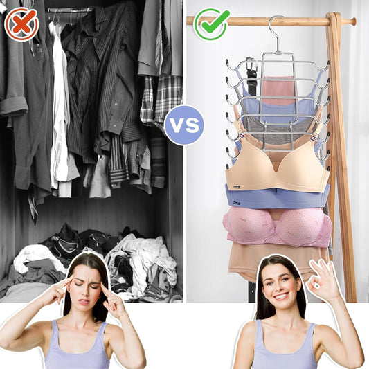 Metal lingerie hanger organizer with several hooks and bars, holding bras and camisoles