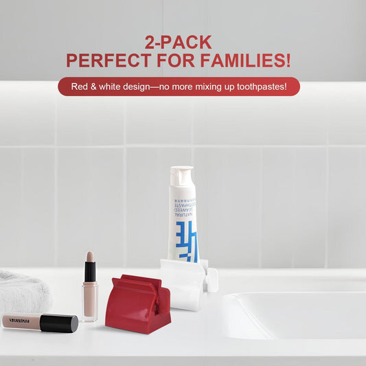Set of two toothpaste rolling dispensers with red and white tube holders