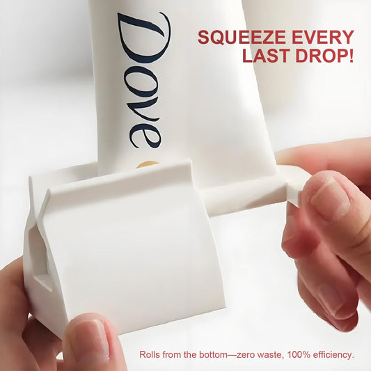 Toothpaste squeezer dispenser rolling mechanism, with hand gripping the base
