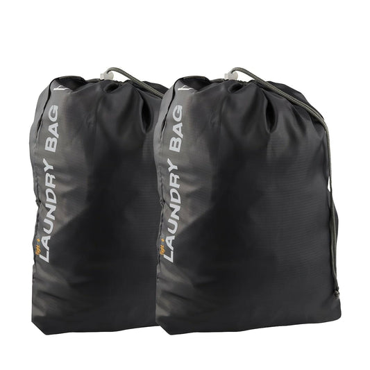 Set of 2 black drawstring laundry bags with water-resistant fabric and LAUNDRY BAG print