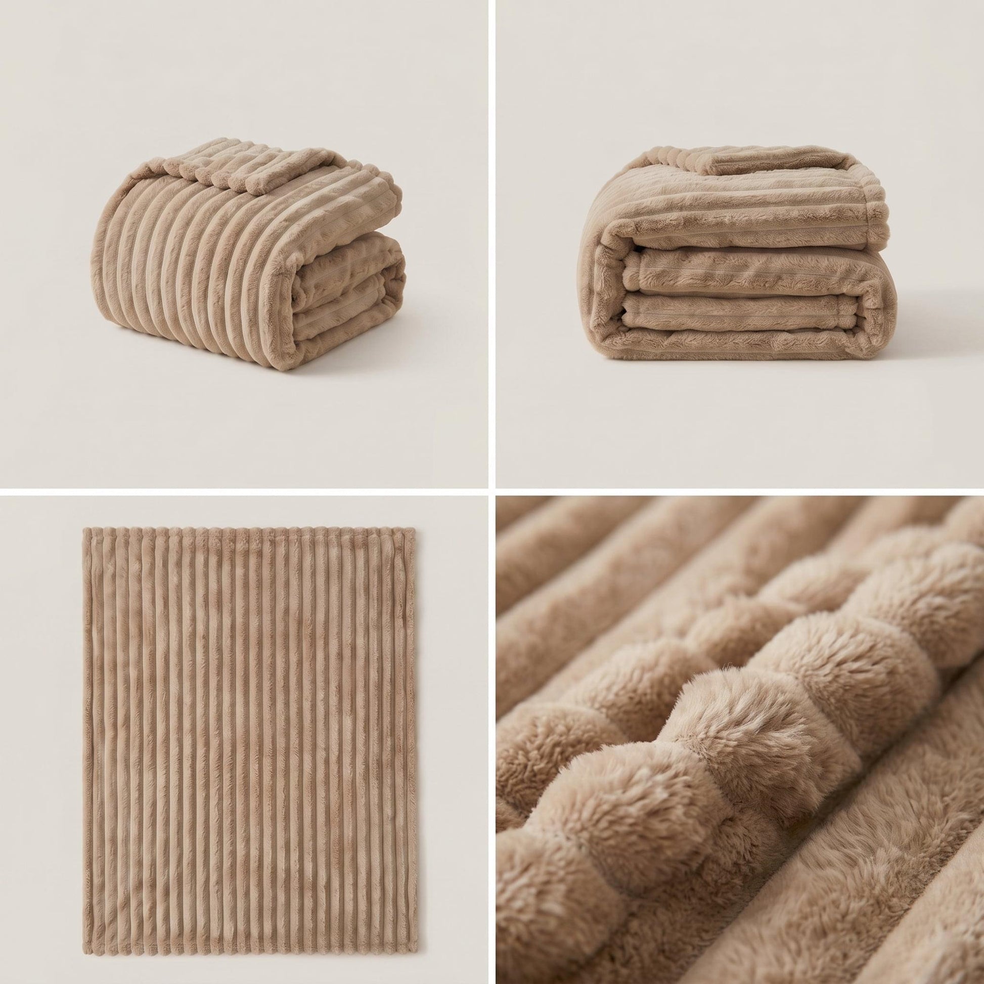 Light coffee ribbed flannel throw blanket, folded and stacked layers