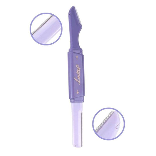 Foldable dual-ended eyebrow razor with purple handle and clear cover, two blades visible