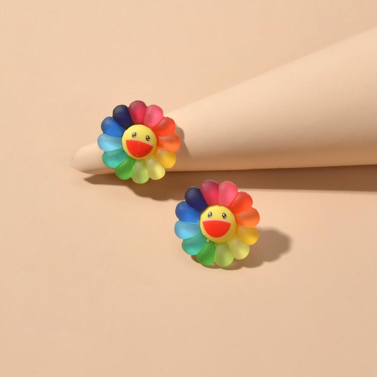 Colorful flower smile face stud earrings, rainbow petals with red smile center