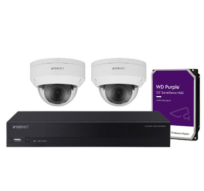 Hanwha Wisenet 4‑Camera CCTV Kit – CT‑ANV‑L7082R 4 MP Dome + CT‑ARN‑410S 4‑Ch 8 MP AI NVR with 1 + HDD – Outdoor Vandal‑Resistant, H.265, PoE