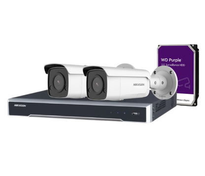 Hikvision 4-Channel CCTV Kit with 4 DS-2CD2T86G2-ISU/SL 8MP AcuSense Cameras + DS-7604NI-M1/4P PoE NVR + HDD – Built-in Strobe & Audio Alarm, DarkFighter, IP66