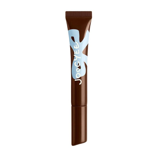 Brown crystal gloss tube with ridged cap and blue logo