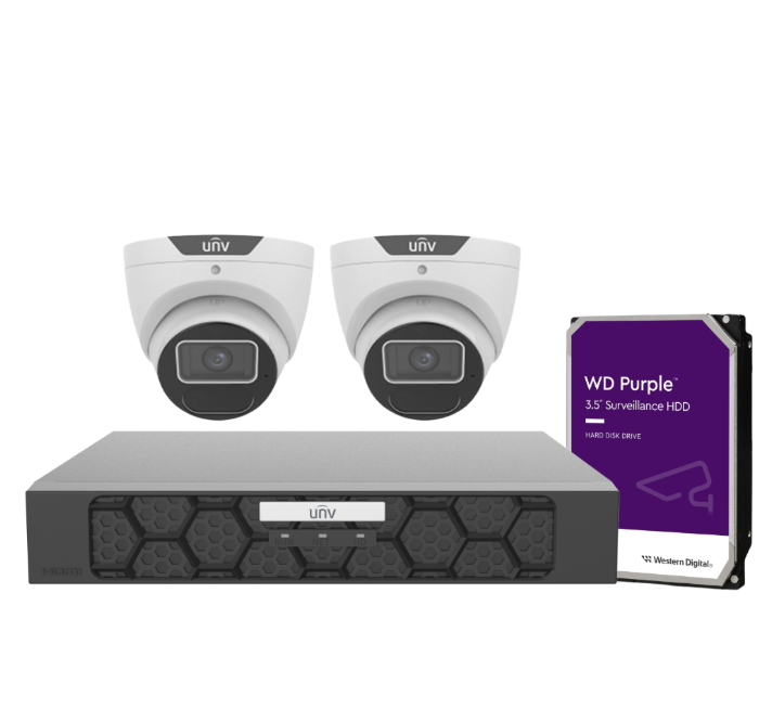 Uniview CCTV 8MP Kit – 4× IPC3618SS‑ADF28K‑I1 Turret Cameras + 4‑Channel Ultra265 PoE NVR（NVR501‑04B‑P4‑IQ）, Includes HDD