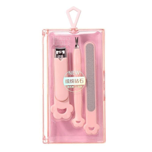 Pink 3-piece nail care set case with clipper, cuticle pusher, and nail file