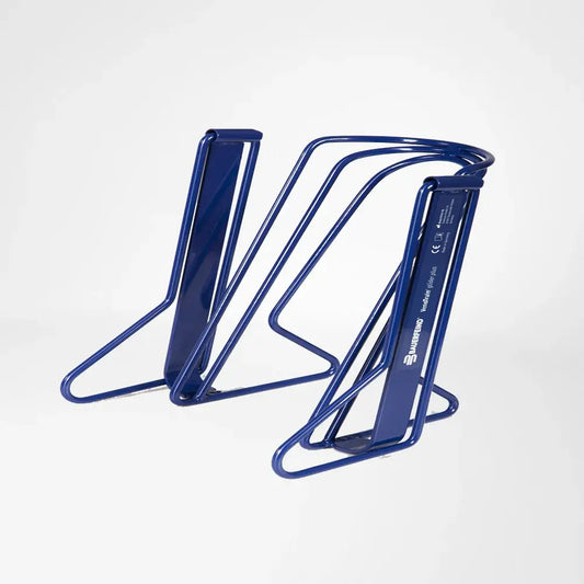 Blue foldable sock donning aid rack with base stand and side handles