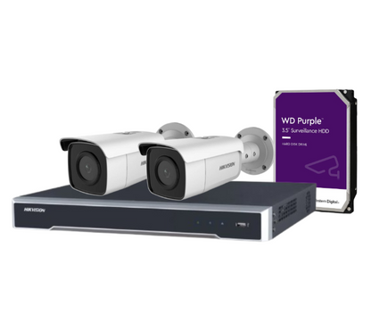 Hikvision 8MP CCTV Kit with 4 DS-2CD2T86G2-2I/4I Bullet Cameras + 4-Channel PoE NVR DS-7604NI-M1/4P + HDD – AcuSense, DarkFighter, IP67 Rated