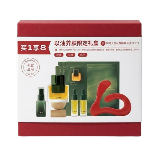 Orchid oil skincare gift set box with oil bottles and face sheet mask