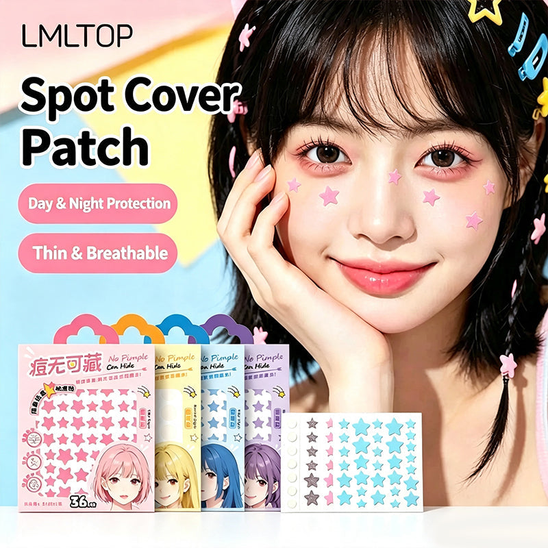 Invisible spot cover star pimple patch sheets showing pink, blue, and purple star designs